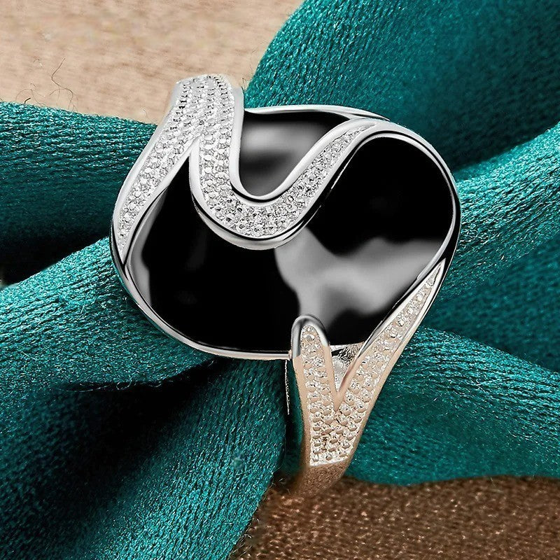 925 Sterling Silver Ellipse Anillo Oval Black Enamel Ring