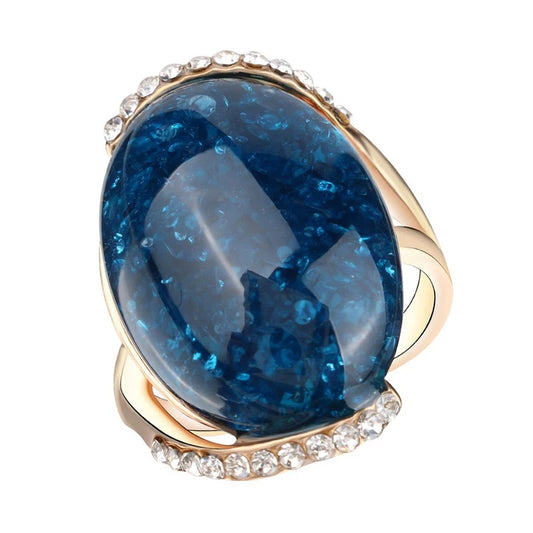 Big Oval Blue Mosaic Antique Gold Vintage Ring