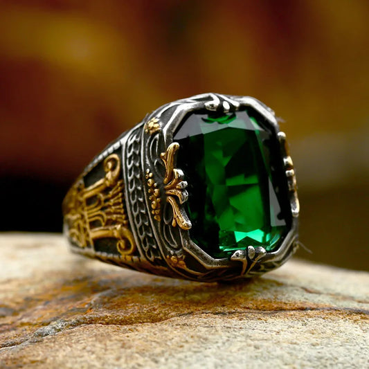 Men's Handmade Green Emerald Topaz Turkish Two Tone Ring