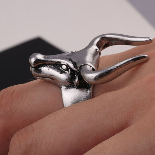Vintage Bull Horns Skull Open Antique Silver Ring