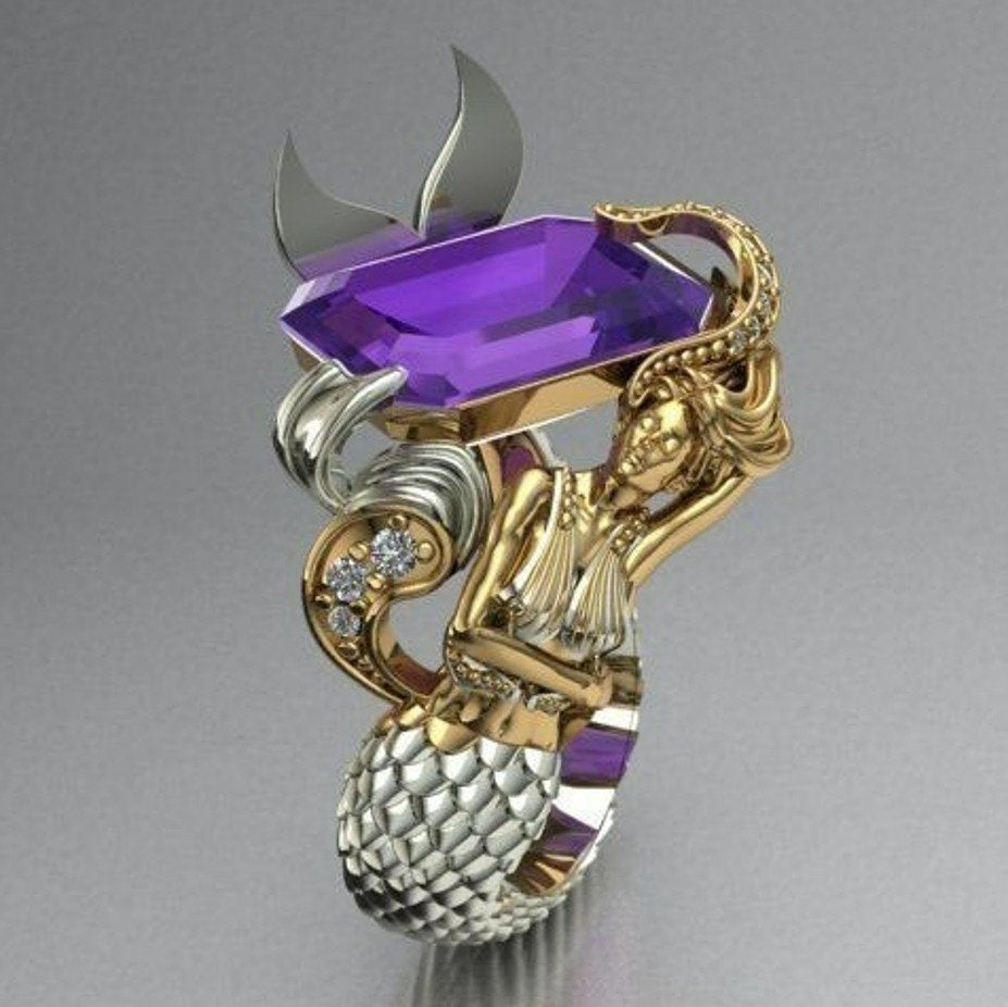 925 Sterling Silver Purple Amethyst Mythology Mermaid Ring