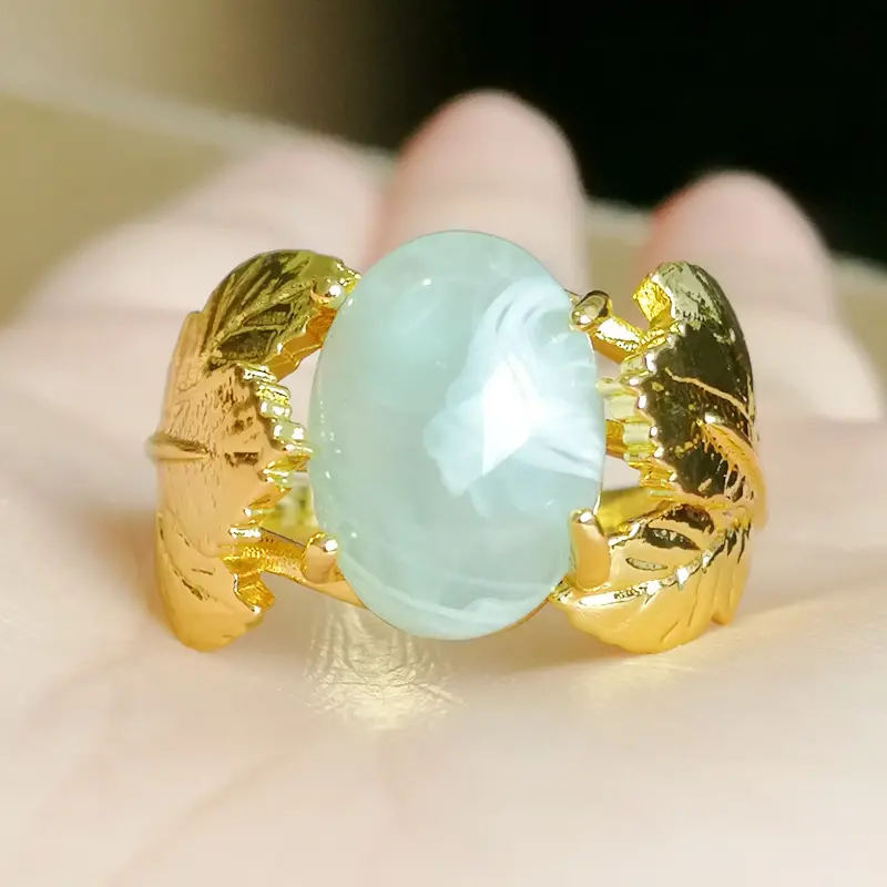 Delicate Gold Metal Leaves Blue Resin Maple Leaf Ring