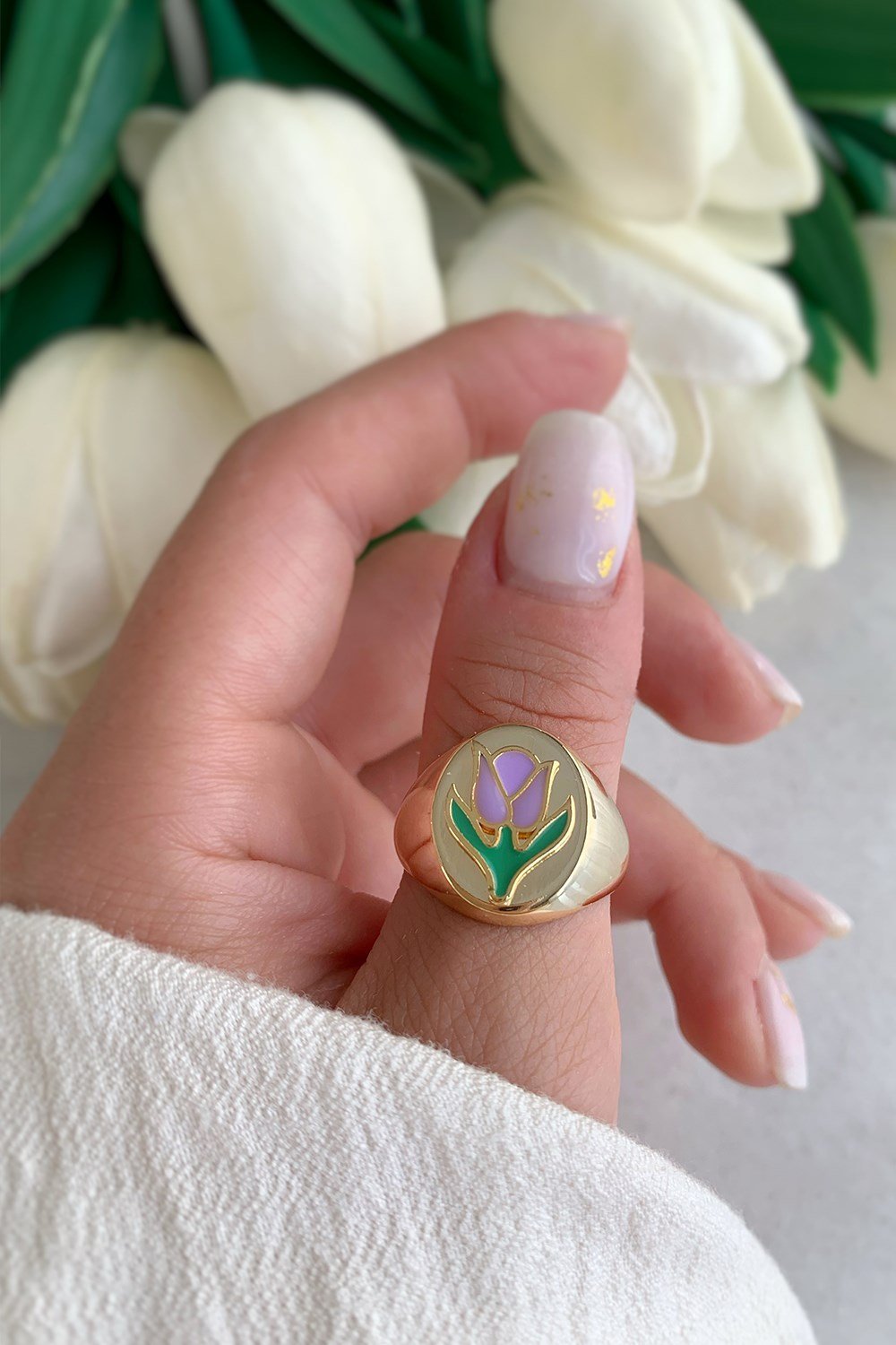 Colorful Dripping Oil Tai Chi Purple Tulip Gold Signet Ring