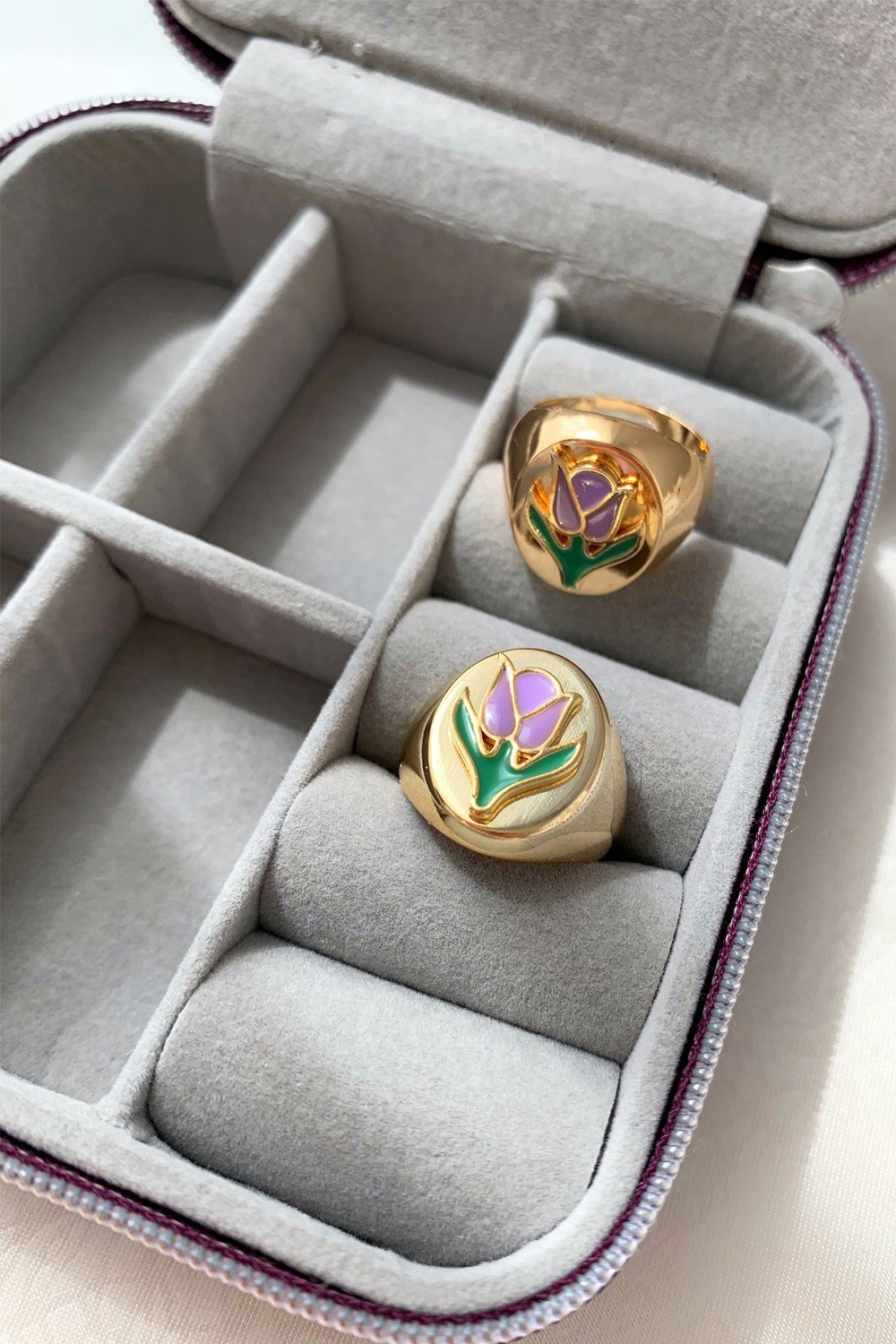 Colorful Dripping Oil Tai Chi Purple Tulip Gold Signet Ring