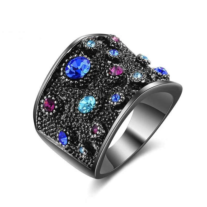 Wide Black Rhodium Plated Multicolor Crystals Paved Index Ring