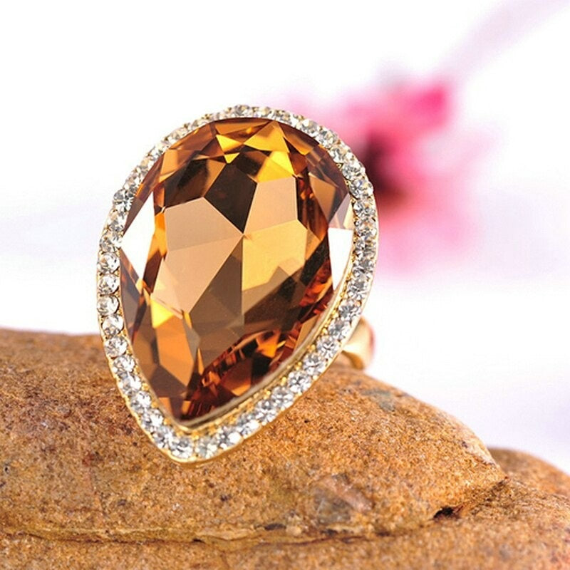 32mm Pear Cut Orange Champagne Water Drop Gold Ring