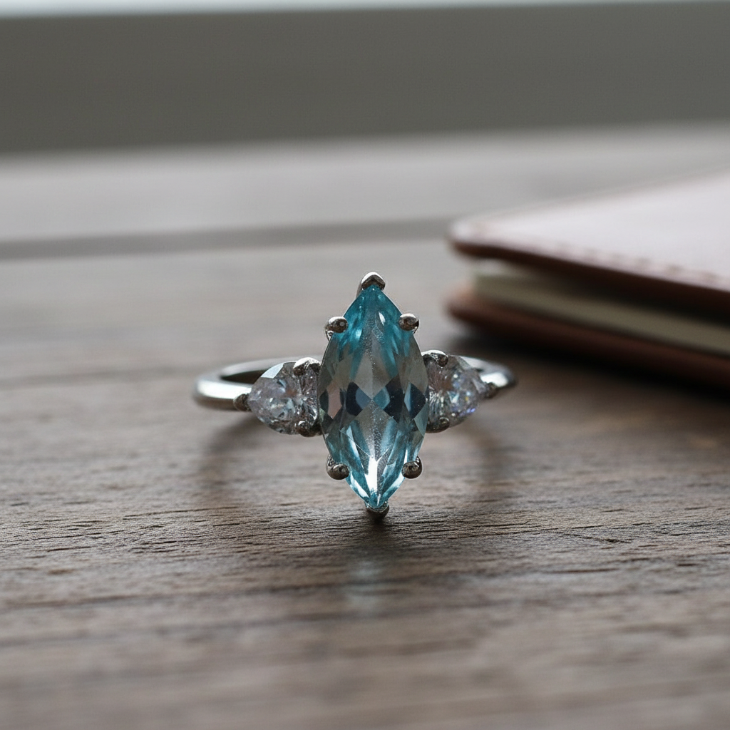Sterling Silver Blue Aquamarine Marquise Cut Ring