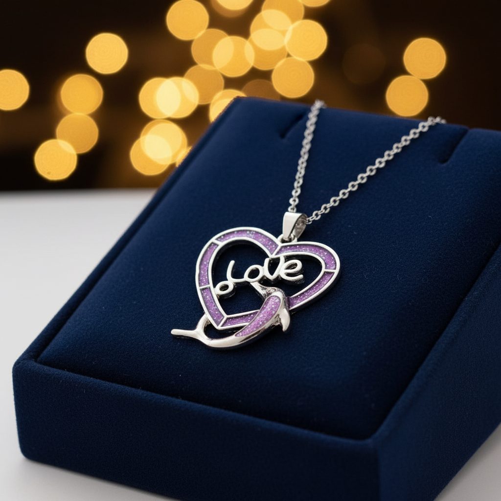 Love Dolphin Heart Pendant Purple Opal Necklace