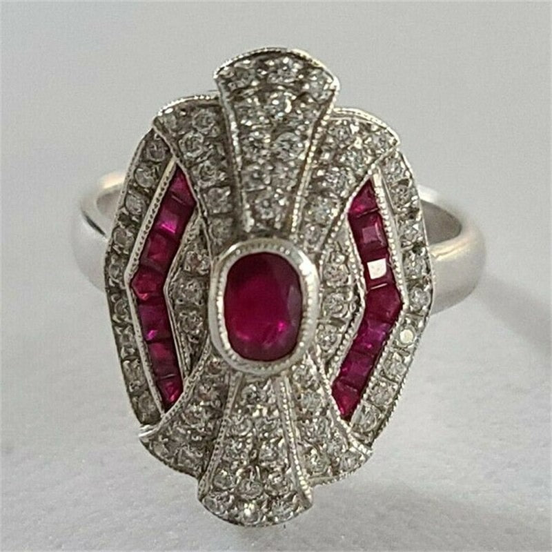 2.0Ct Vintage Ruby Red Art Deco Antique Silver Ring