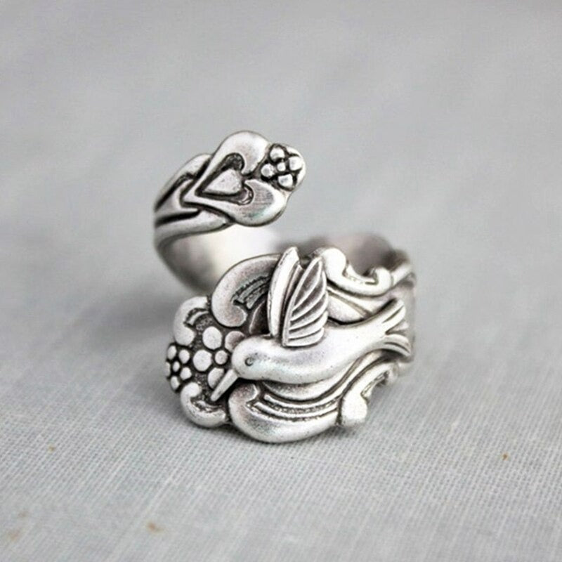 Retro Open Hummingbird Spoon Silver Floral Bird Ring