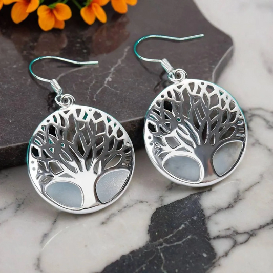 925 Sterling Silver Round Tree Of Life Hook Earrings