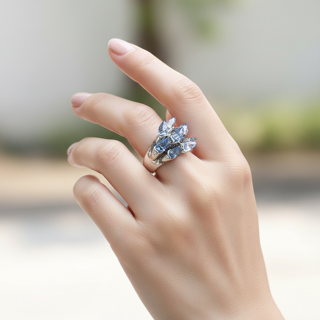 Gothic Silver Ring with Spiky Blue Crystals