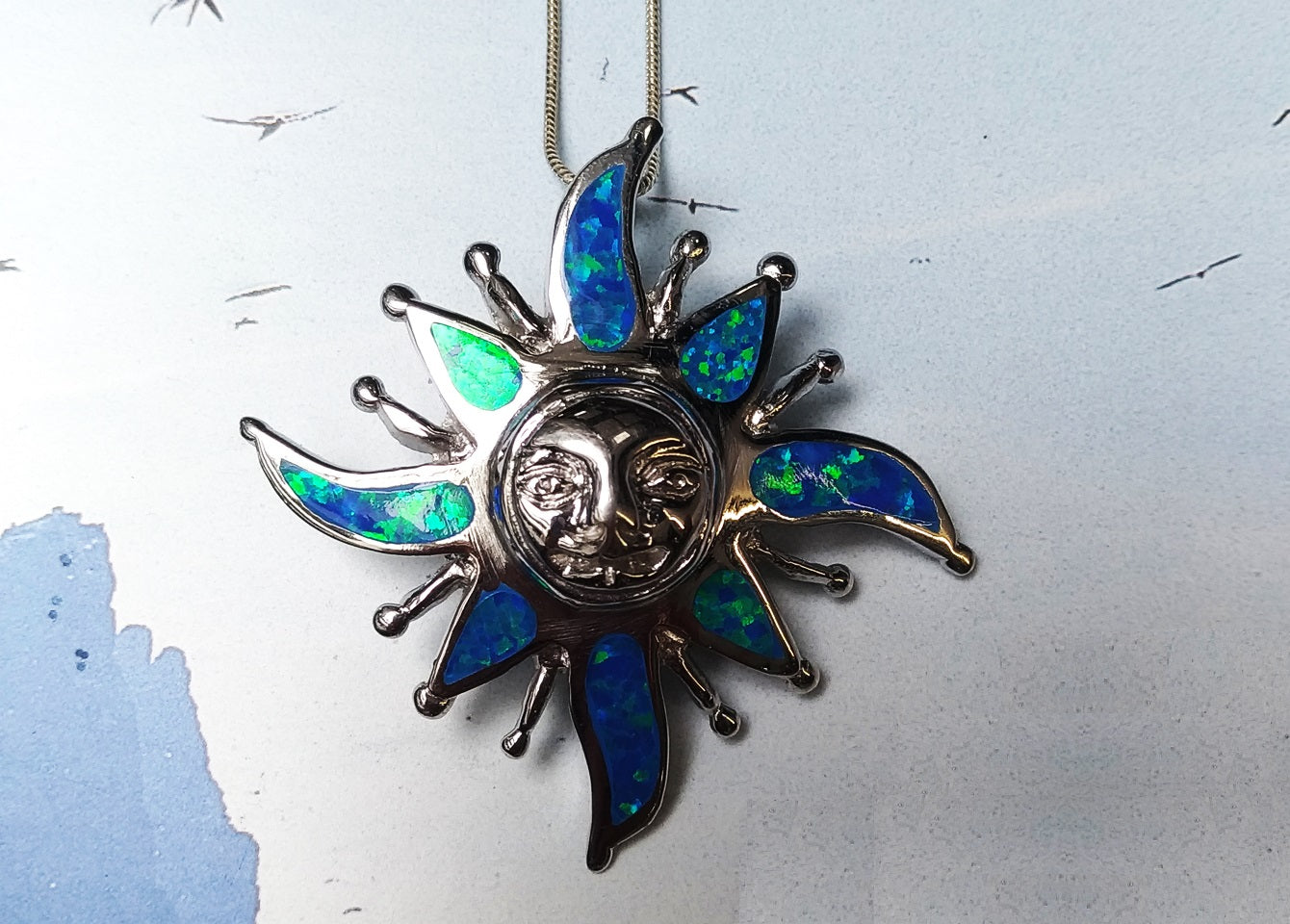 Blue Opal Angry Sun Flower Silver Boho Necklace
