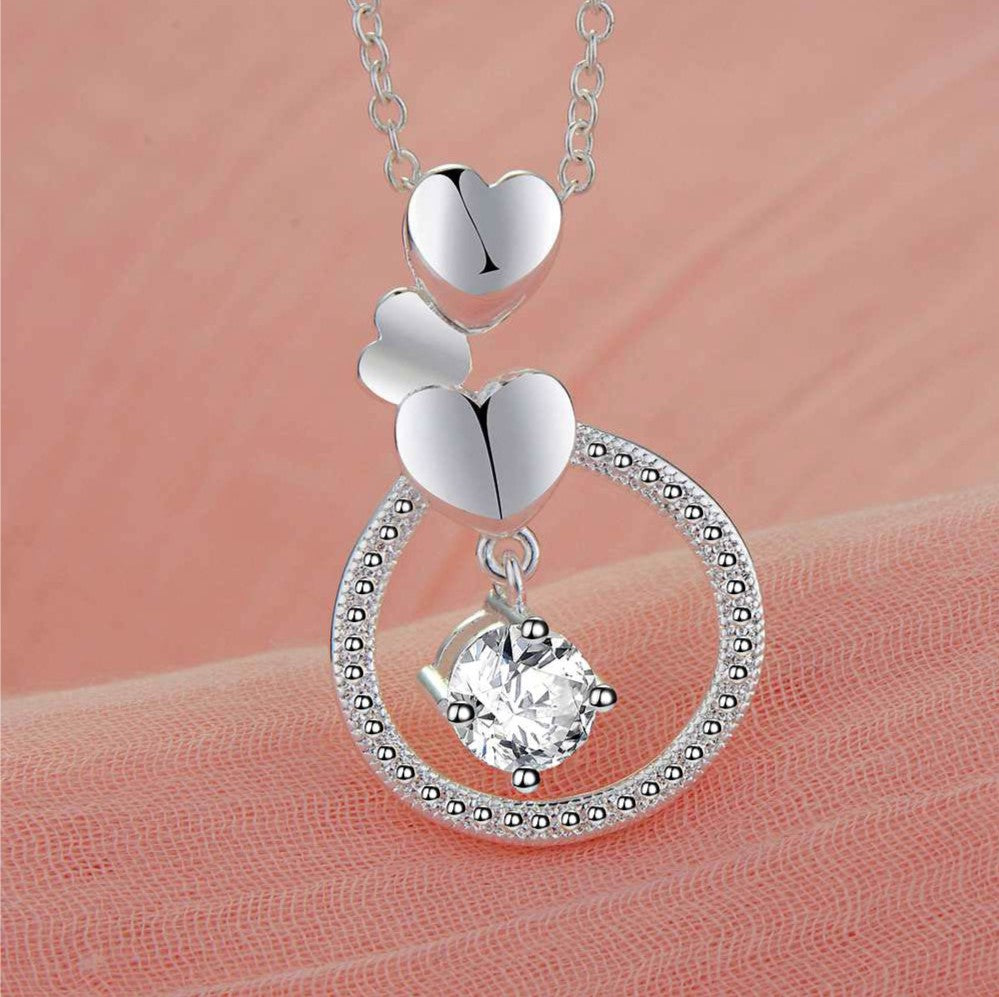 Elegant Triple Heart Round Gemstone Silver Necklace