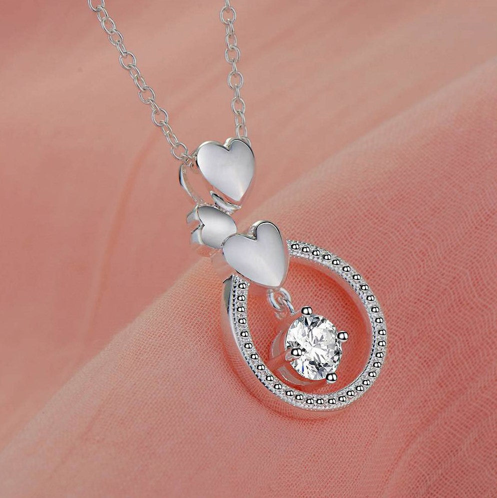 Elegant Triple Heart Round Gemstone Silver Necklace