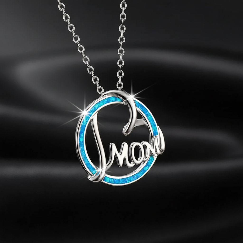 Round Blue Opal Mom Heart Silver Necklace