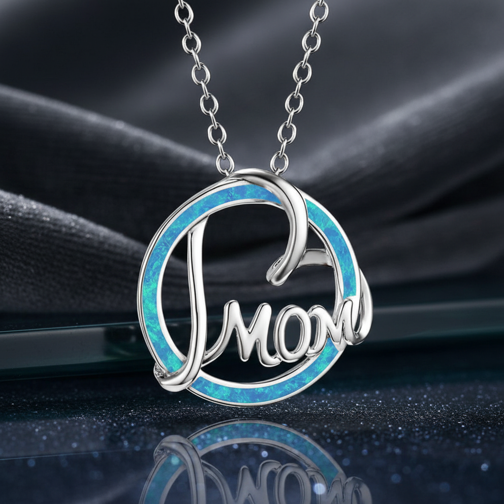 Round Blue Opal Mom Heart Silver Necklace