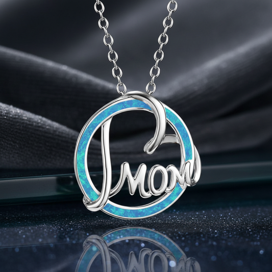 Round Blue Opal Mom Heart Silver Necklace