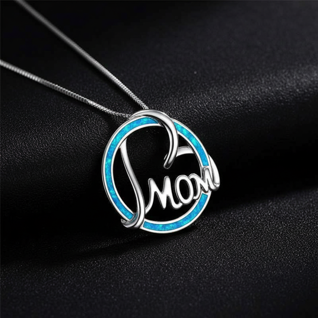 Round Blue Opal Mom Heart Silver Necklace