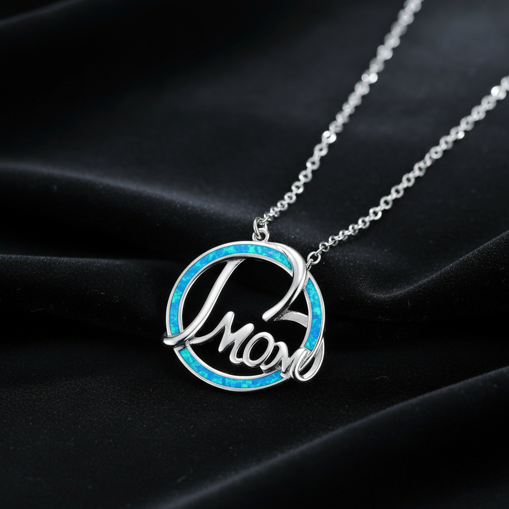 Round Blue Opal Mom Heart Silver Necklace