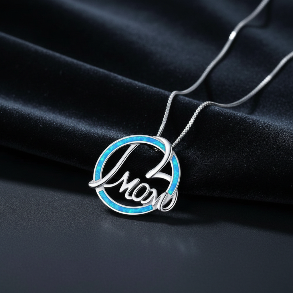 Round Blue Opal Mom Heart Silver Necklace