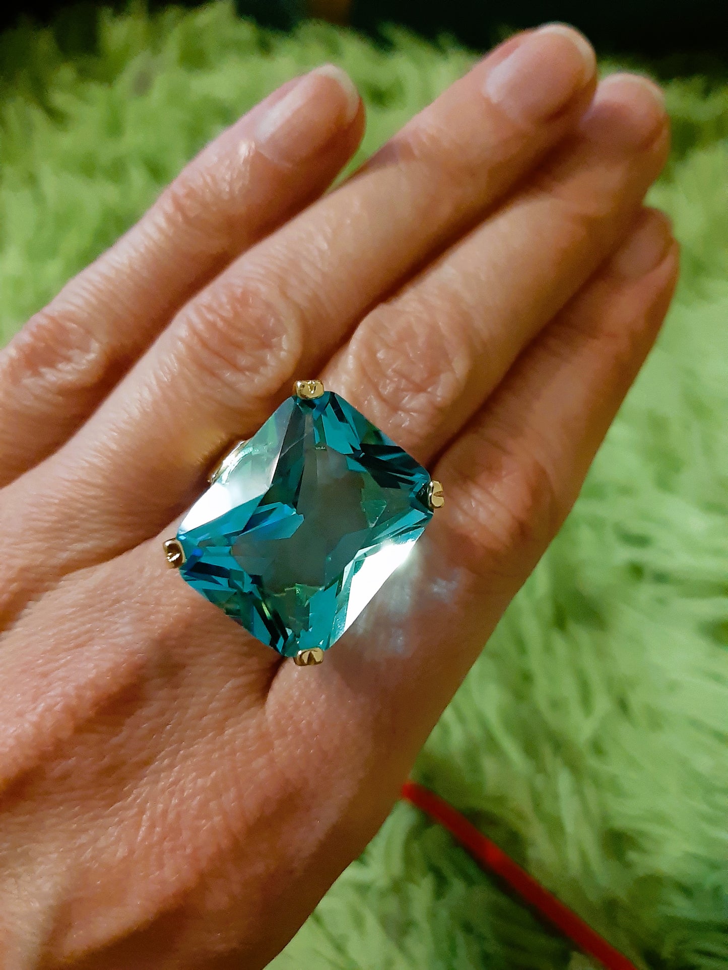 Sea Blue Emerald Cut CZ Statement Ring | Large Rhinestone Gold Prong S925
