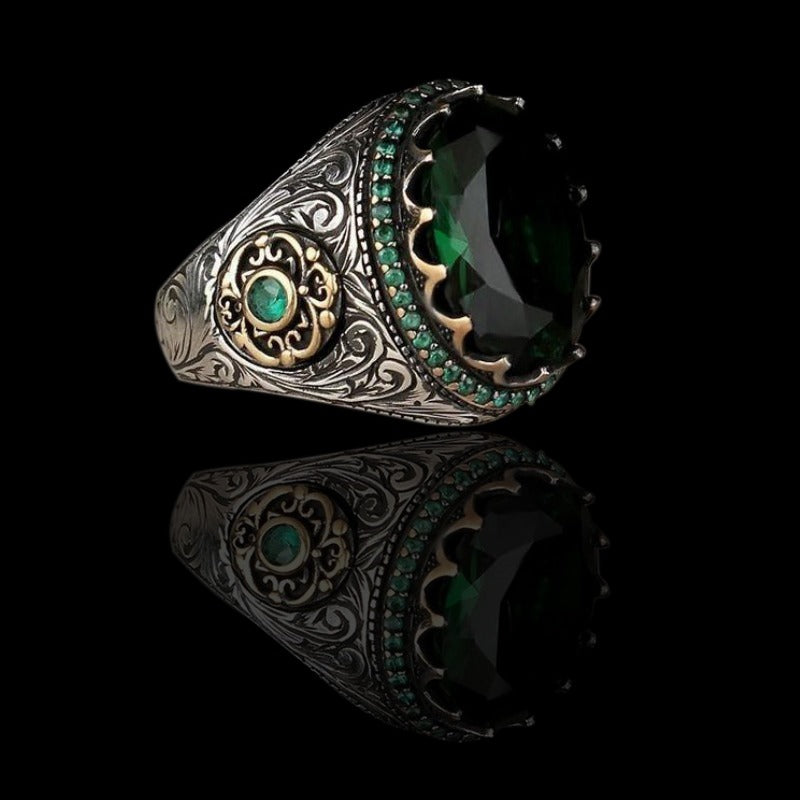 Men's Big Irregular Green Oval Rhinestone Retro Silver Ring