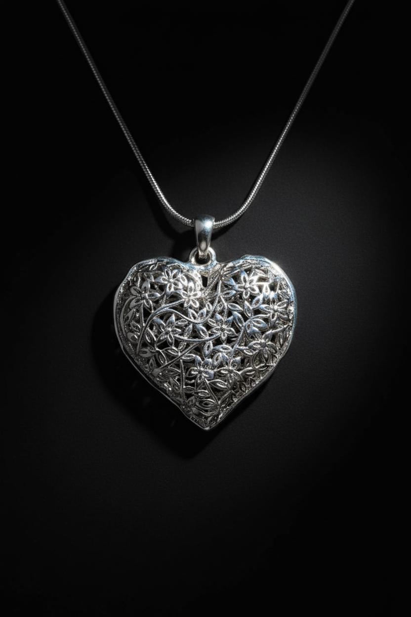 3.5cm Hollow Sterling Silver Floral Hollow Heart Pendant Necklace & Chain
