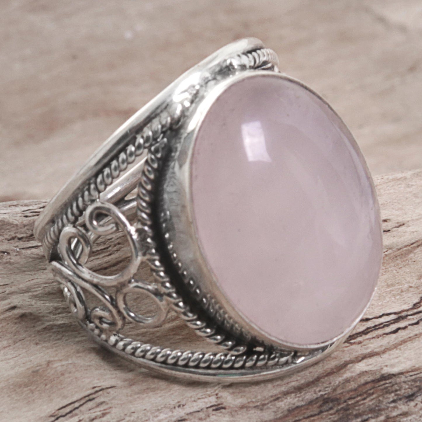 Vintage Pink Moonstone Swirl Motifs Antique Silver Ring