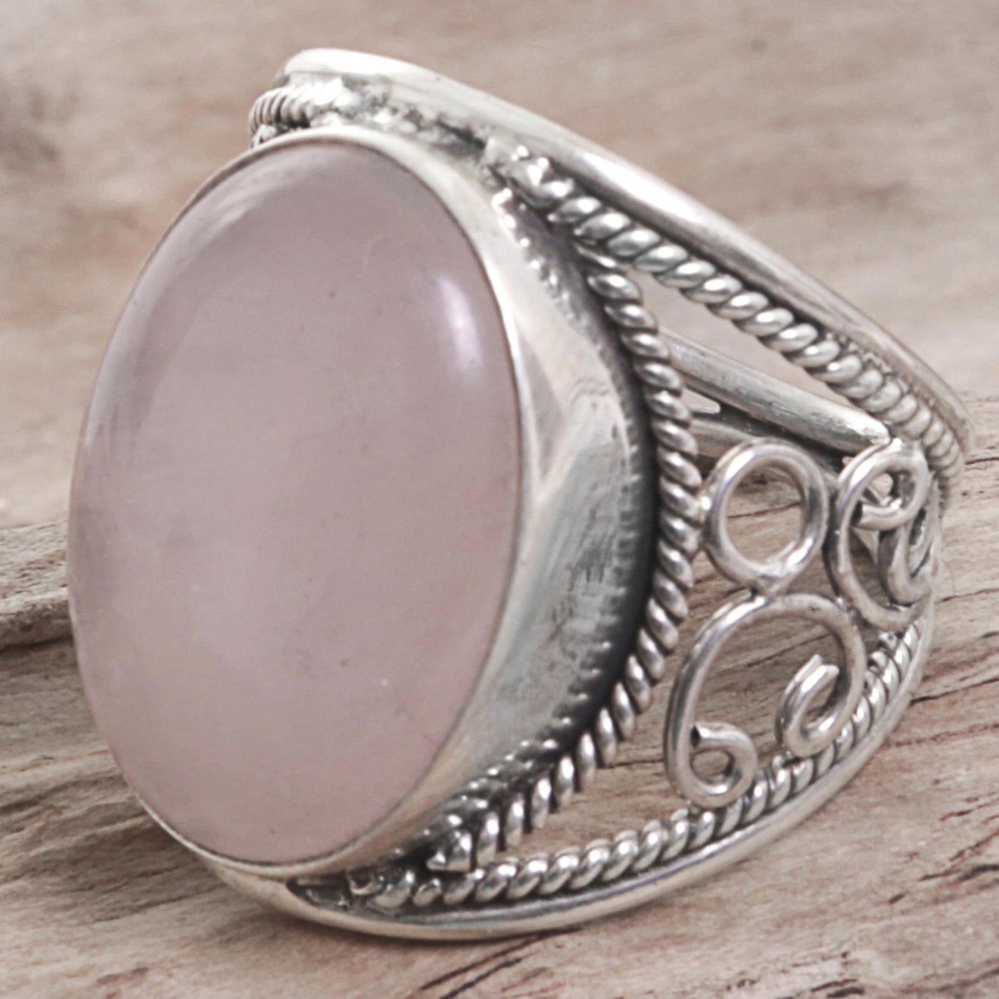 Vintage Pink Moonstone Swirl Motifs Antique Silver Ring