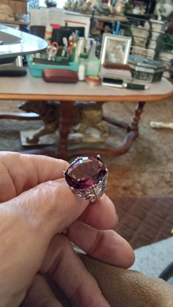 Big Vintage Purple Hollow Silver Art Deco Ring