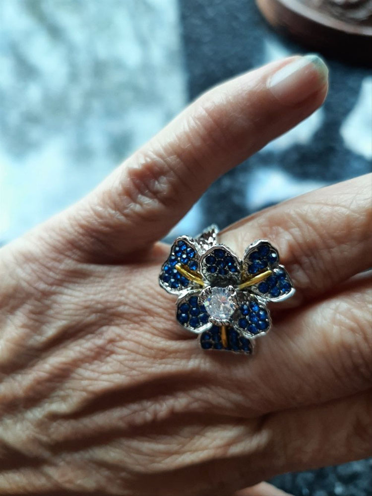 Sterling Silver Blue Iris Flower Crystals Ring