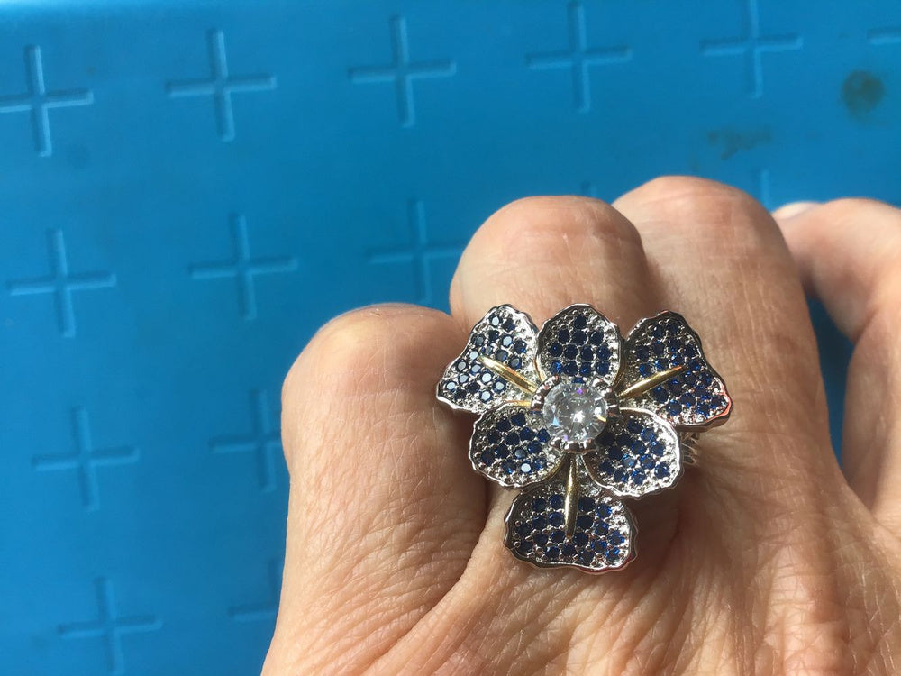 Sterling Silver Blue Iris Flower Crystals Ring