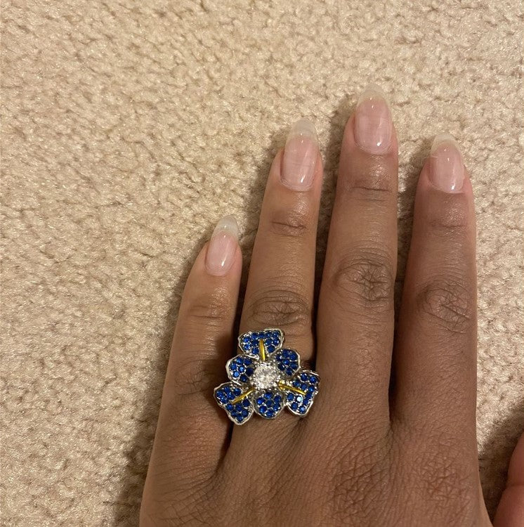 Sterling Silver Blue Iris Flower Crystals Ring