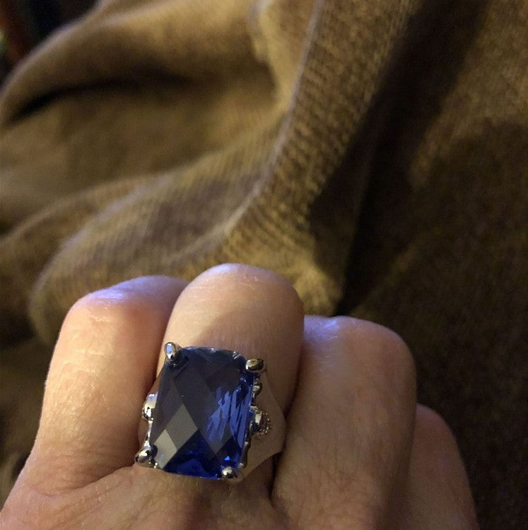 Big Princess Cut Blue Tanzanite Silver Ring