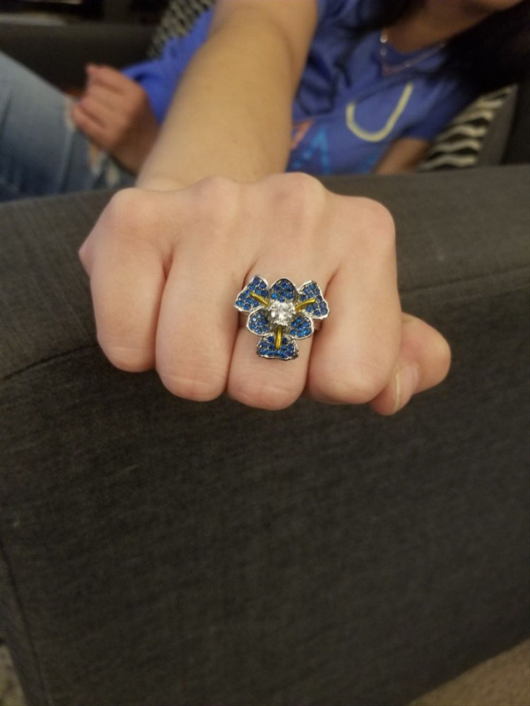 Sterling Silver Blue Iris Flower Crystals Ring