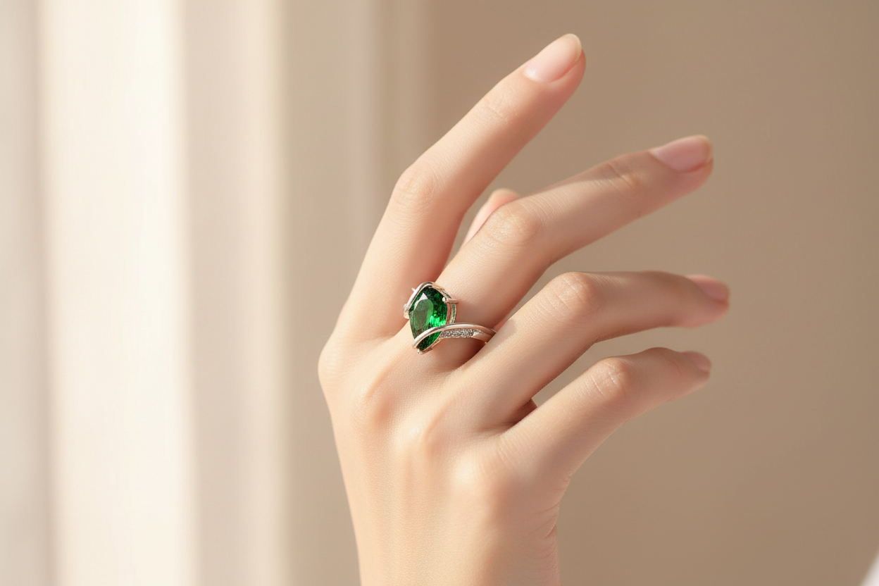 925 Sterling Silver Big Emerald Green Teardrop Ring
