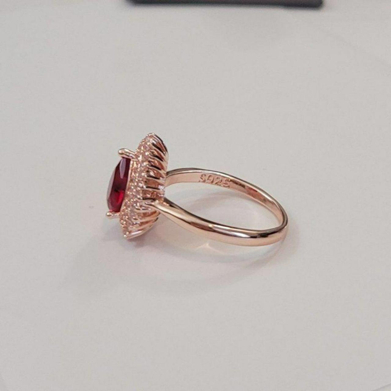 Sterling Silver Ruby Red Teardrop Rose Gold Plated Ring