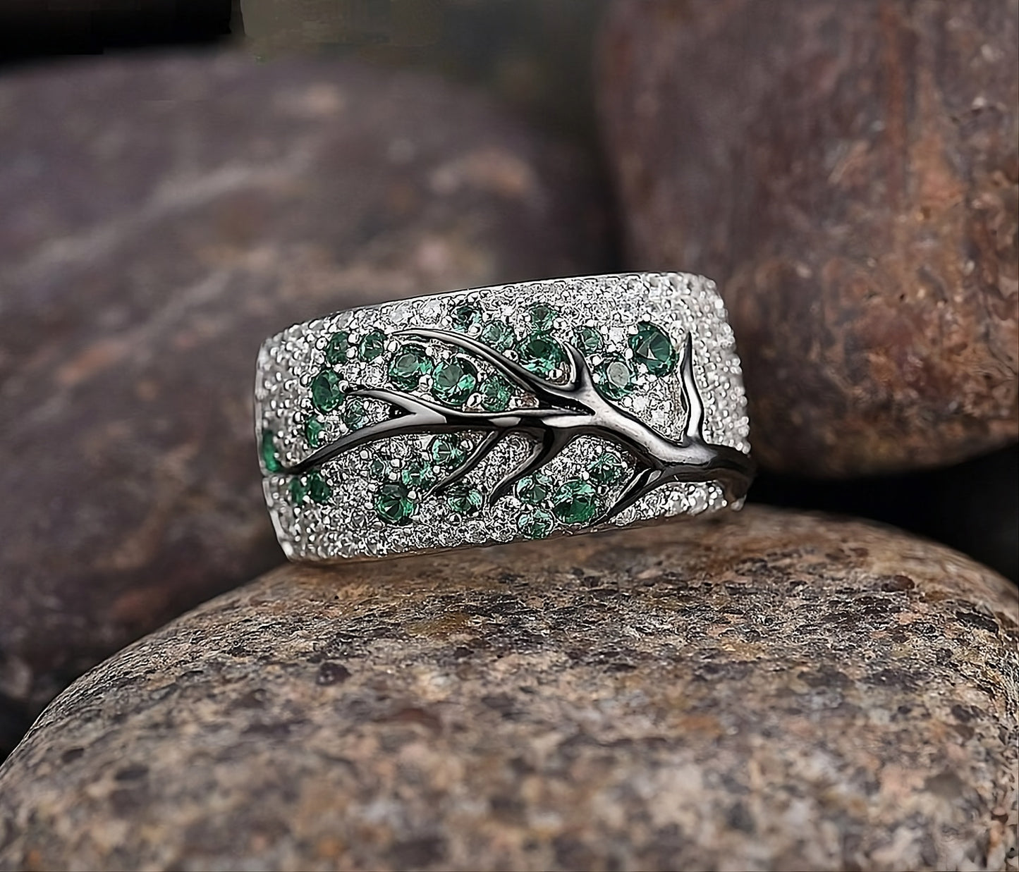 925 Sterling Silver Green Tree Branch Leaves Blossom Ring