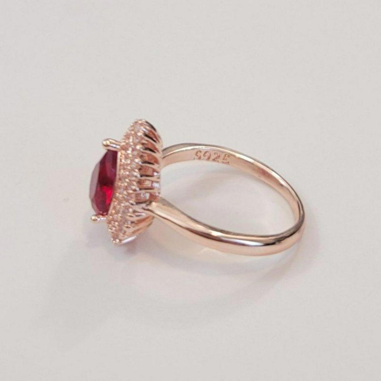 Sterling Silver Ruby Red Teardrop Rose Gold Plated Ring