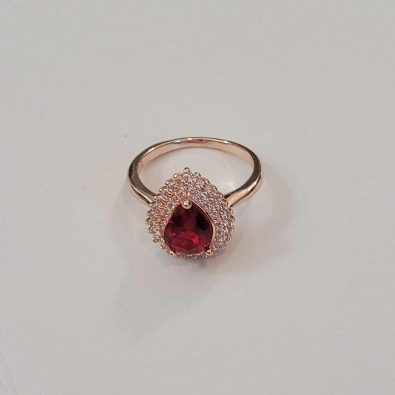 Sterling Silver Ruby Red Teardrop Rose Gold Plated Ring