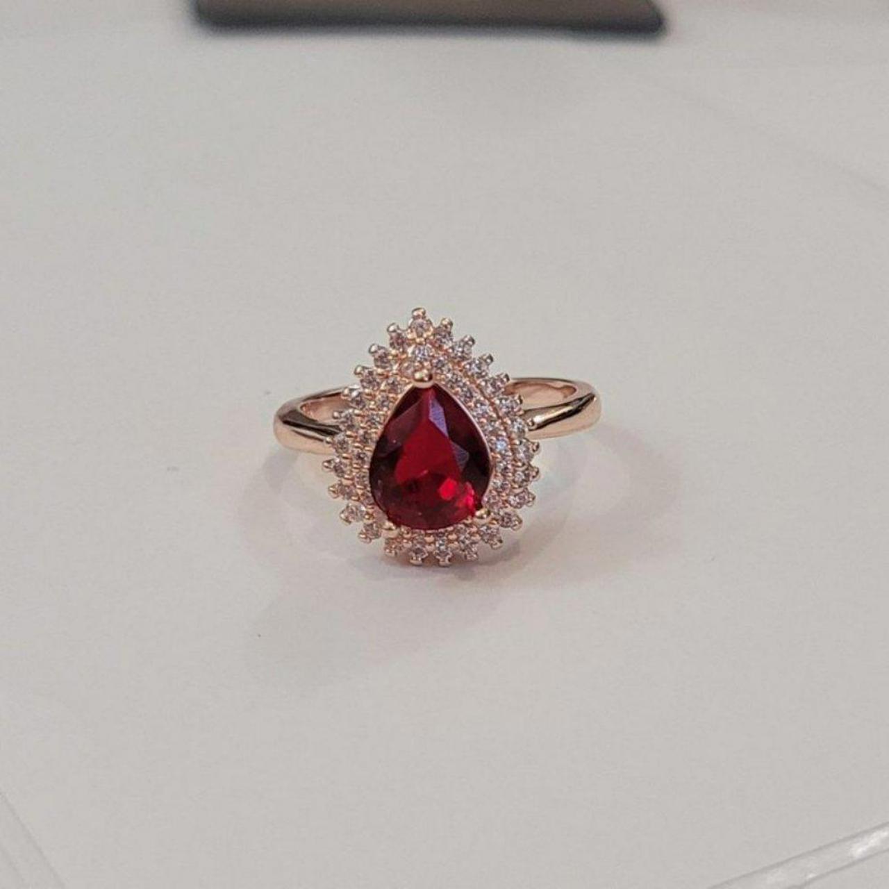Sterling Silver Ruby Red Teardrop Rose Gold Plated Ring