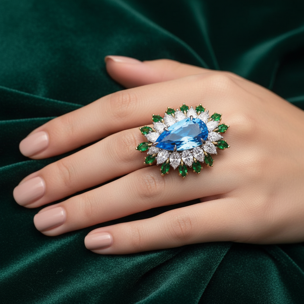 25mm Pear Cut Blue Water Drop Emerald Topaz Flower Ring
