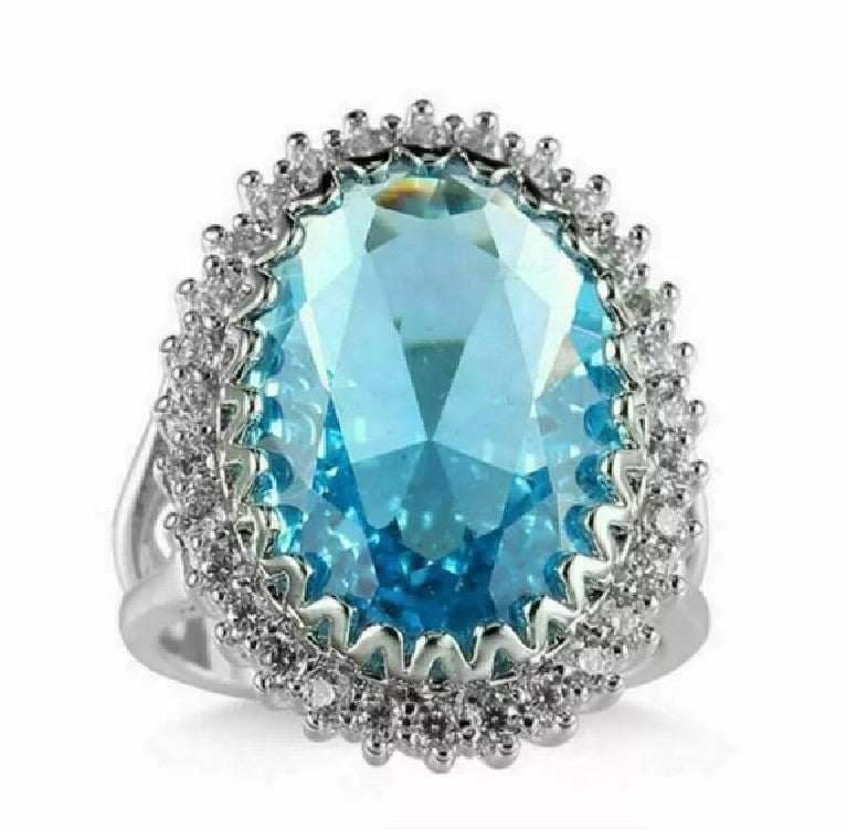 925 Sterling Silver 15mm Oval Sea Blue Topaz Ring