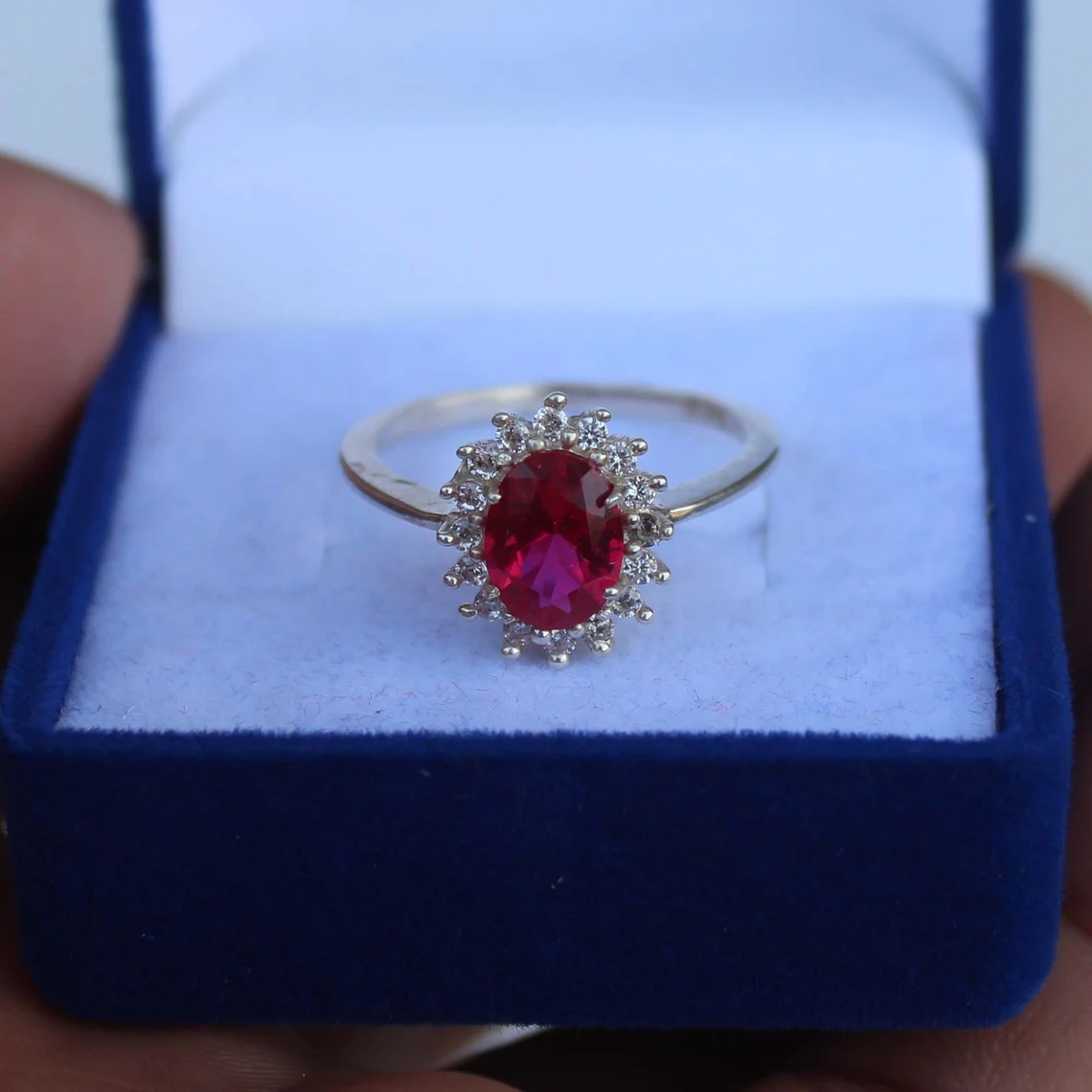 Sterling Silver Oval Ruby Red Flower Open Ring