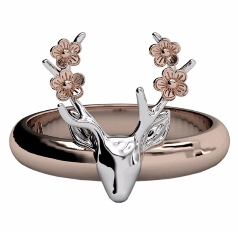 Deer Antler Pink Flower Rose Gold & Silver Two Tone Ring