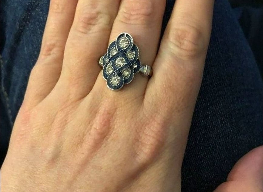 Vintage Retro Blue Rhinestone Silver Art Deco Ring