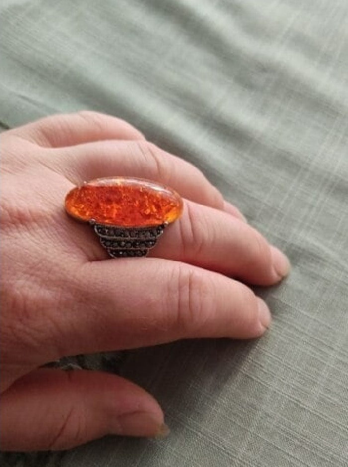 Vintage 32mm Orange Amber Antique Silver Ring