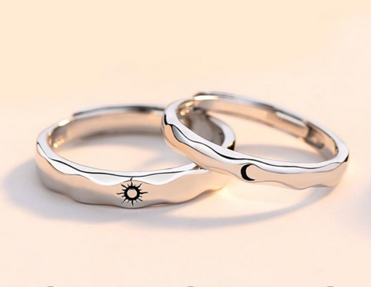 2pcs Silver Wave Moon Sun Matching Couple Rings