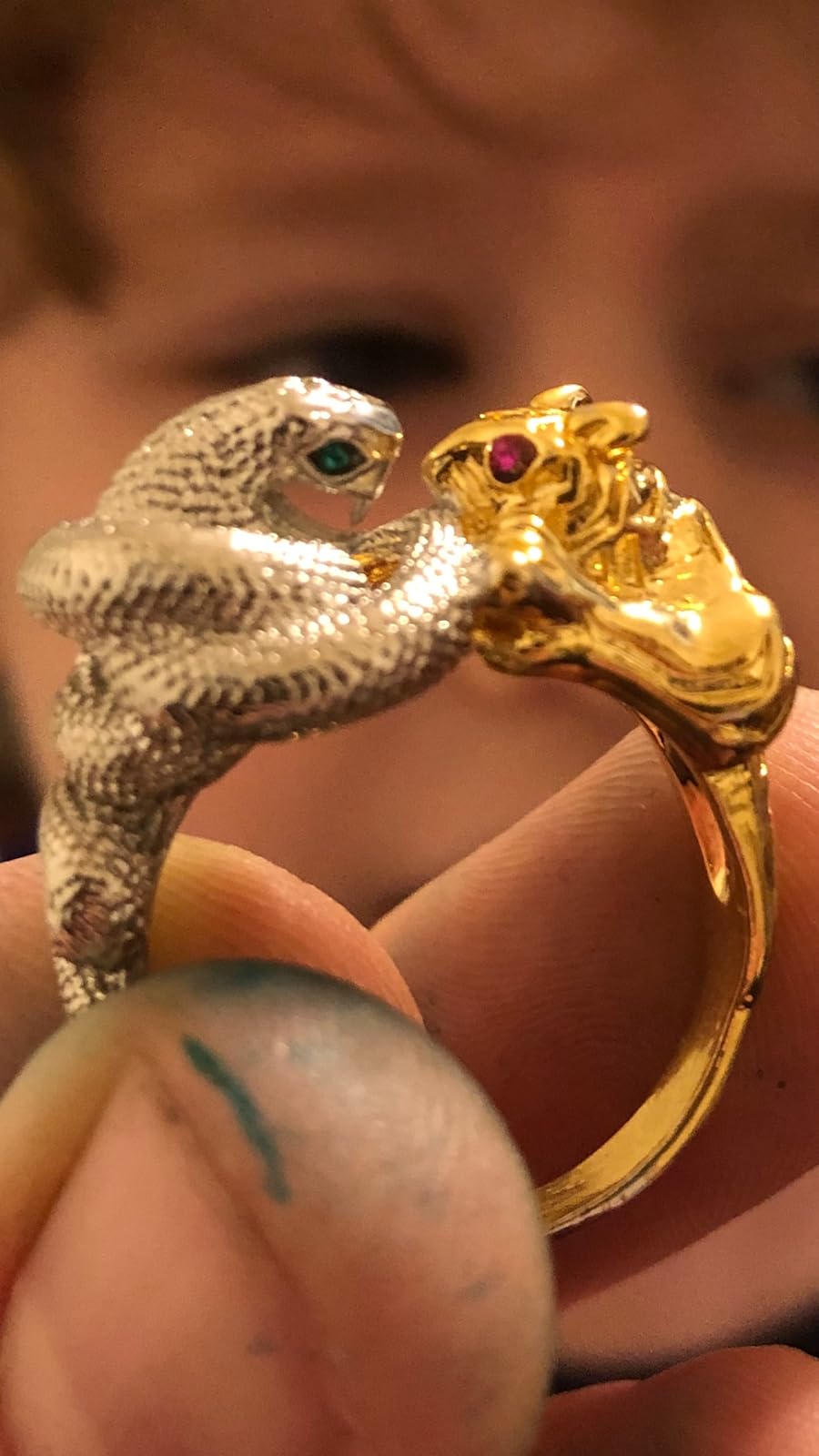 3D Retro Gold Tiger Silver Snake Fighting Animal Bohemia Ring